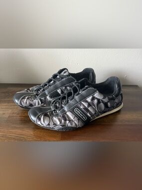 Coach Kirby Grey Monogram Sateen Black Leather Low Sneakers Women's Size 8.5 M